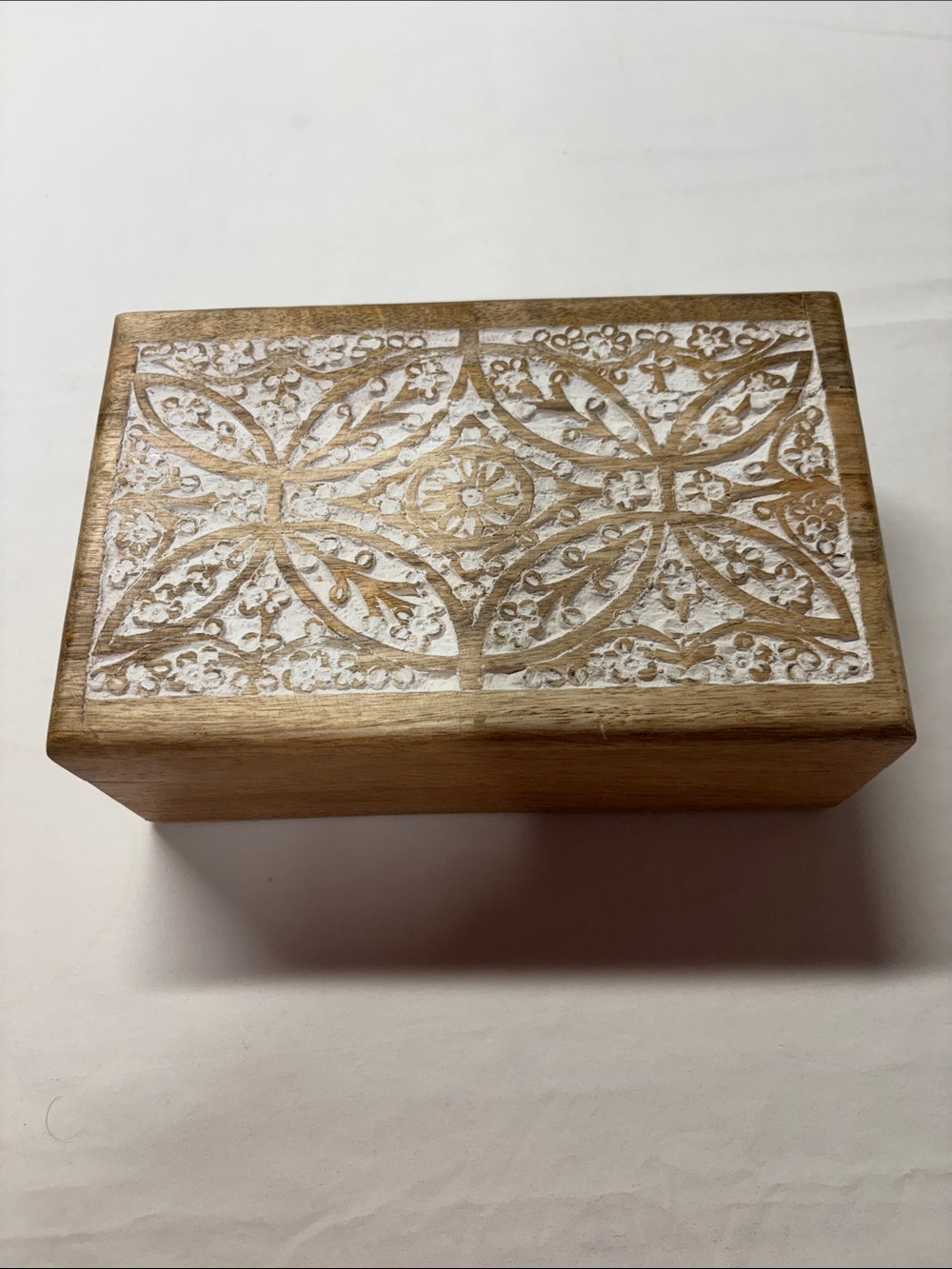 Hand Carved Wooden Keepsake Box with White Painted Inlay